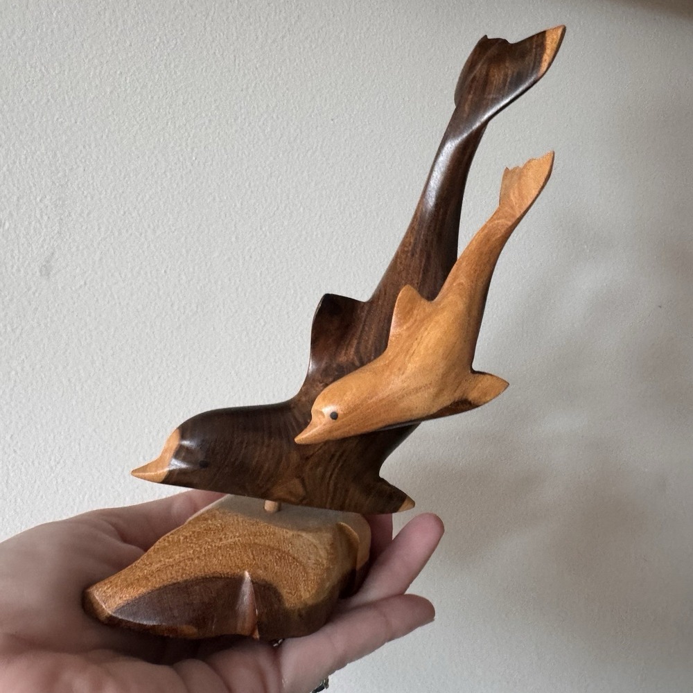 Beautiful Dolphins 7" Wooden Figurine Mom with Calf Swimming